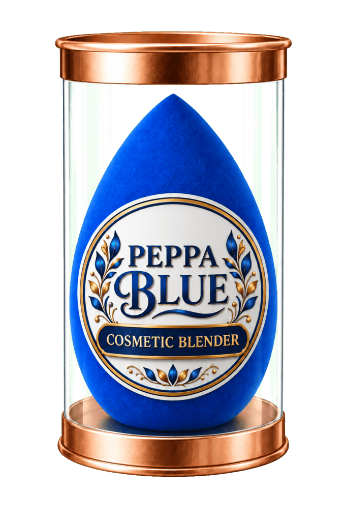 Peppa Blue blue teardrop cosmetic blender sponge in clear rose-gold container